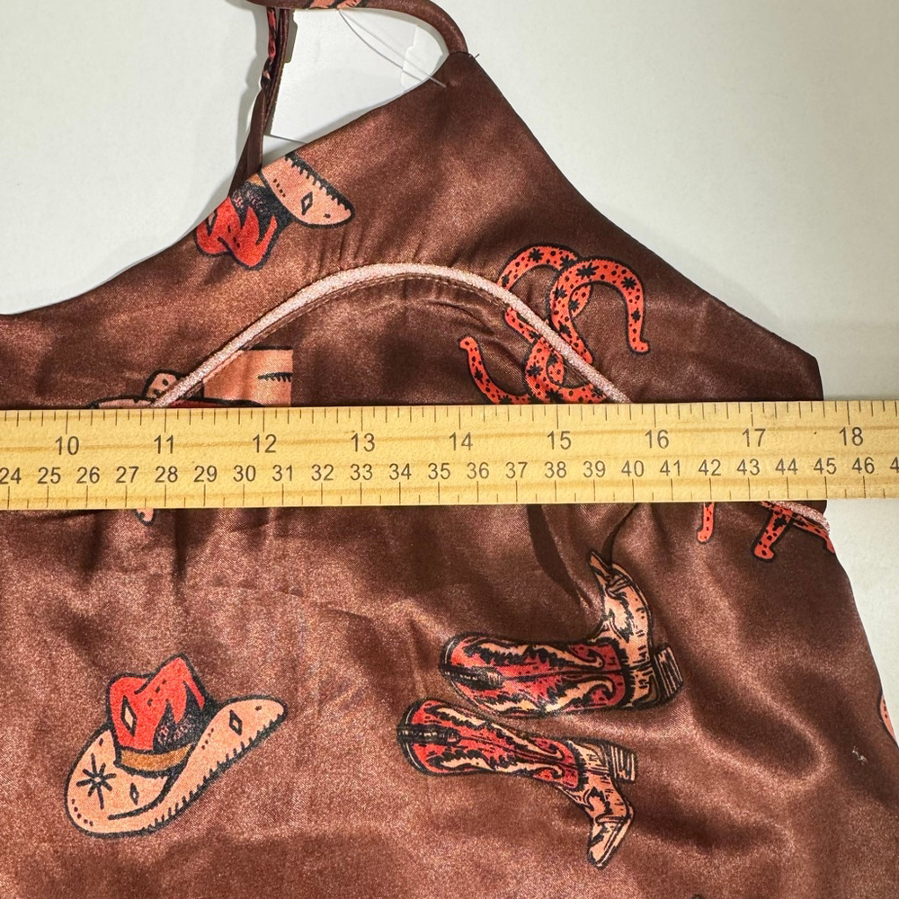 Size M western inspired brown satin camisole/tank cowboy hat boot print - Picture 5 of 10